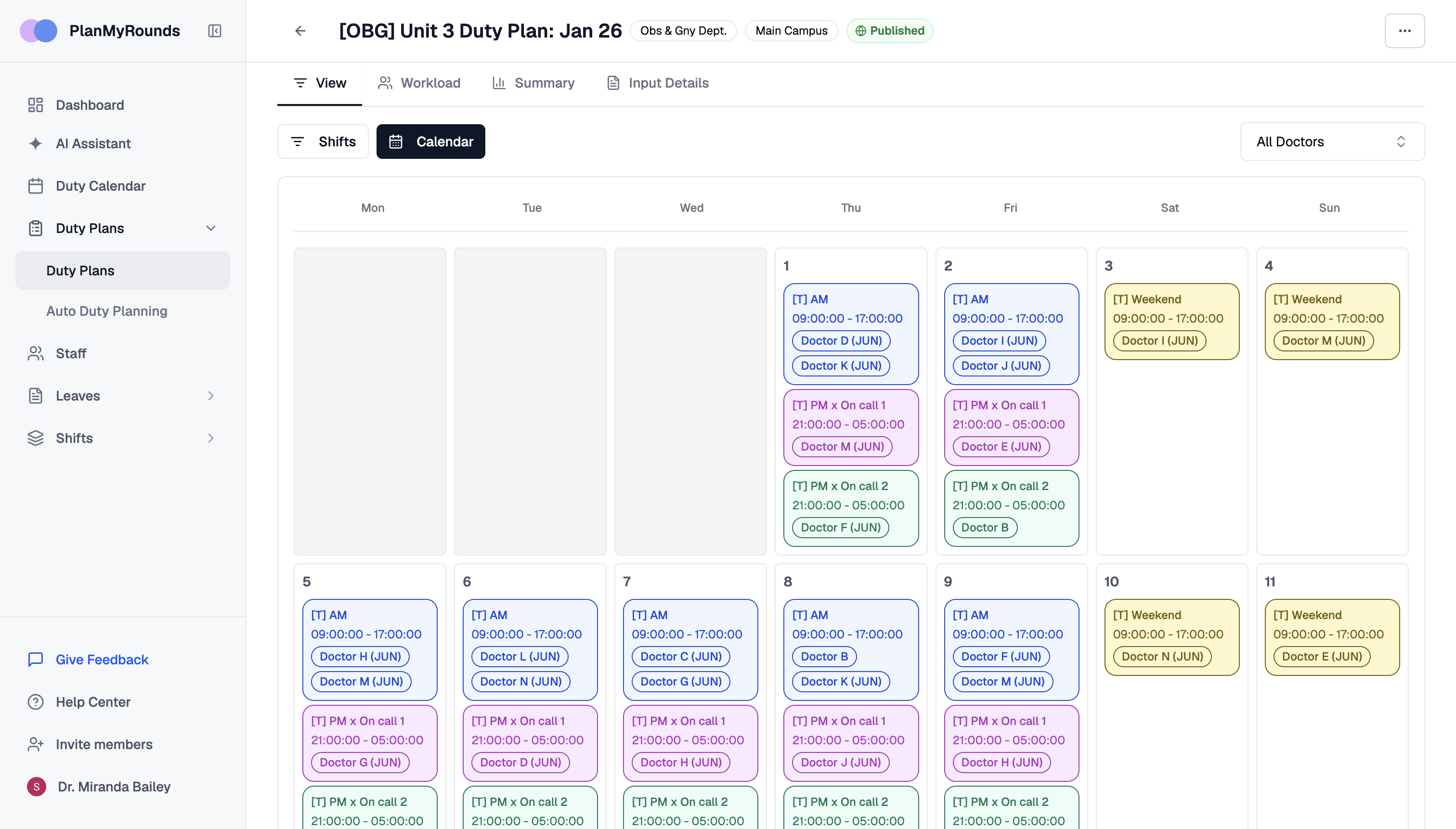 PlanMyRounds physician duty roster calendar showing monthly shift assignments for a hospital department